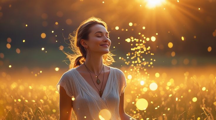 Mulher em estado de presença e plenitude em meio à natureza, simbolizando integração interior, paz e bem-estar