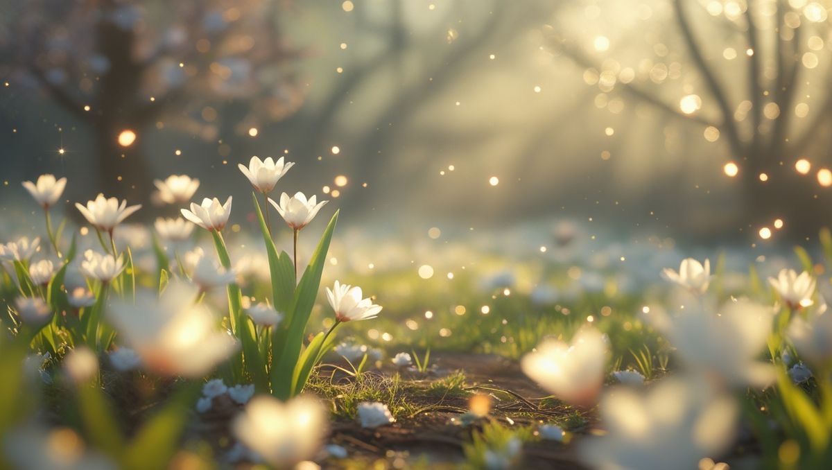 Flores brancas iluminadas pela luz natural simbolizando cura interior, bem-estar, harmonia e paz